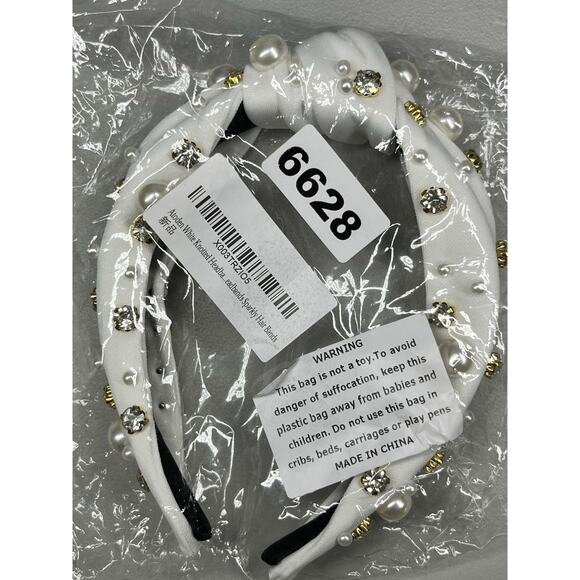 Faux Pearl and Jewel Rhinestone Headband White Knotted Formal Statement - Picture 6 of 6